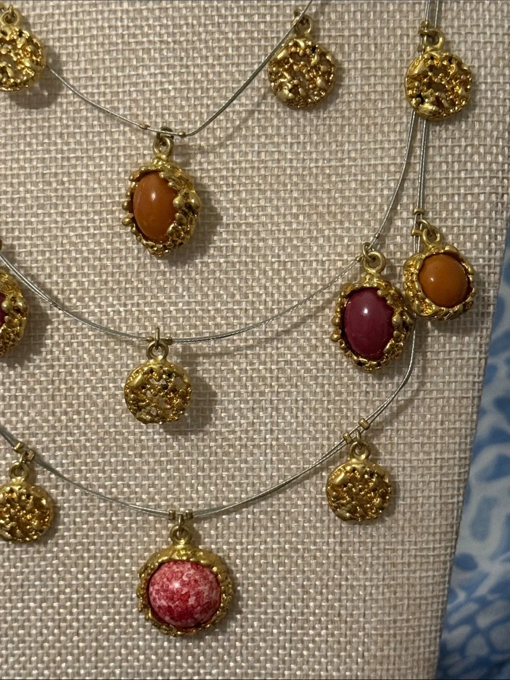 Chico's Layered Gold Disc Necklace with Pink and Orange Stones